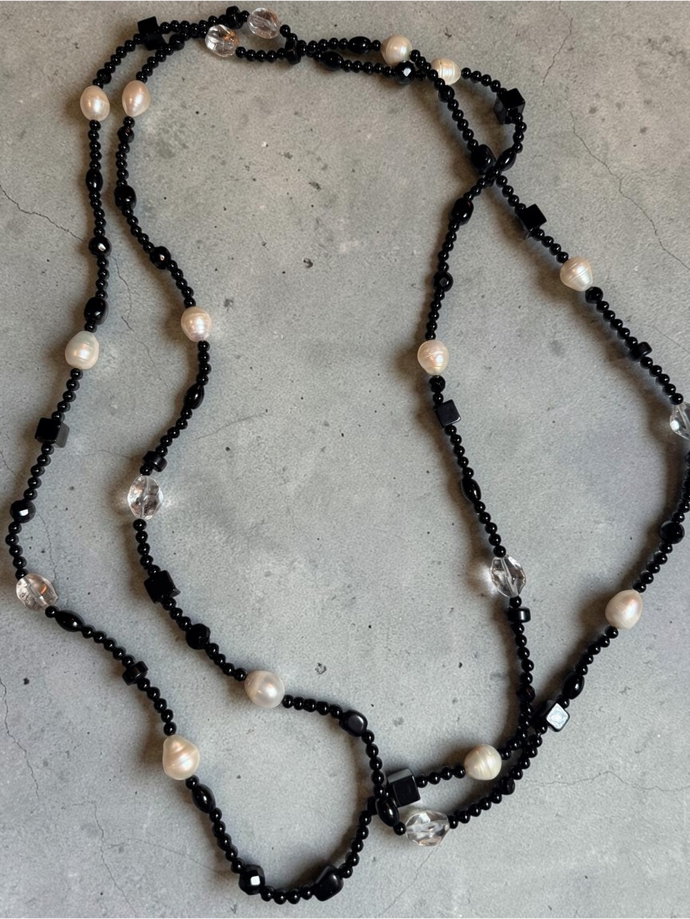 Elegant Black Bead & Pearl Long Necklace